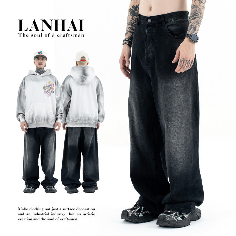 Pantalon en denim droit ample décontracté noir et gris pour hommes et femmes - MarkoFit