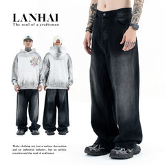 Pantalon en denim droit ample décontracté noir et gris pour hommes et femmes - MarkoFit