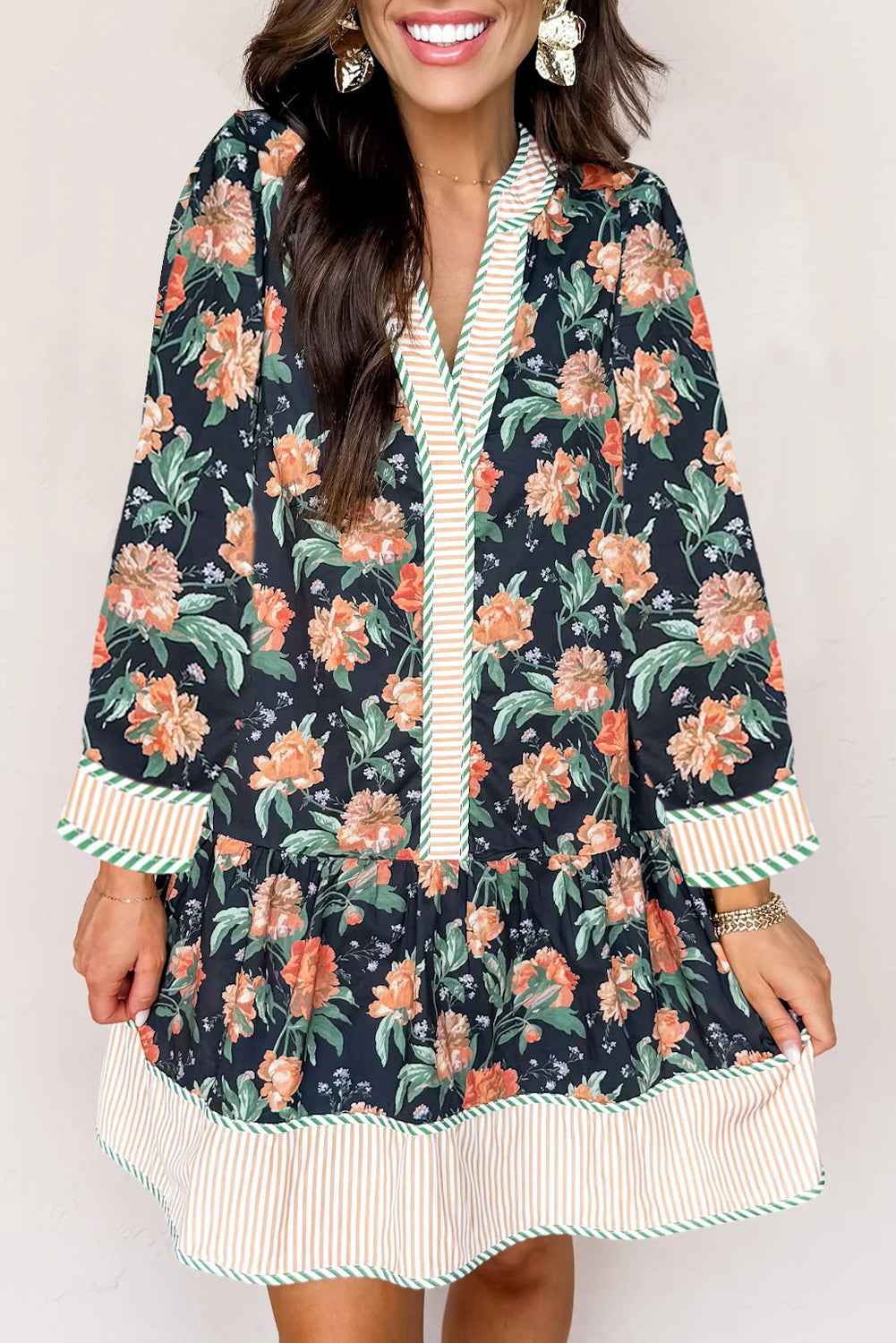 Blue Floral Print Striped Trim V Neck Long Sleeve Ruffle Hem Shift Mini Dress