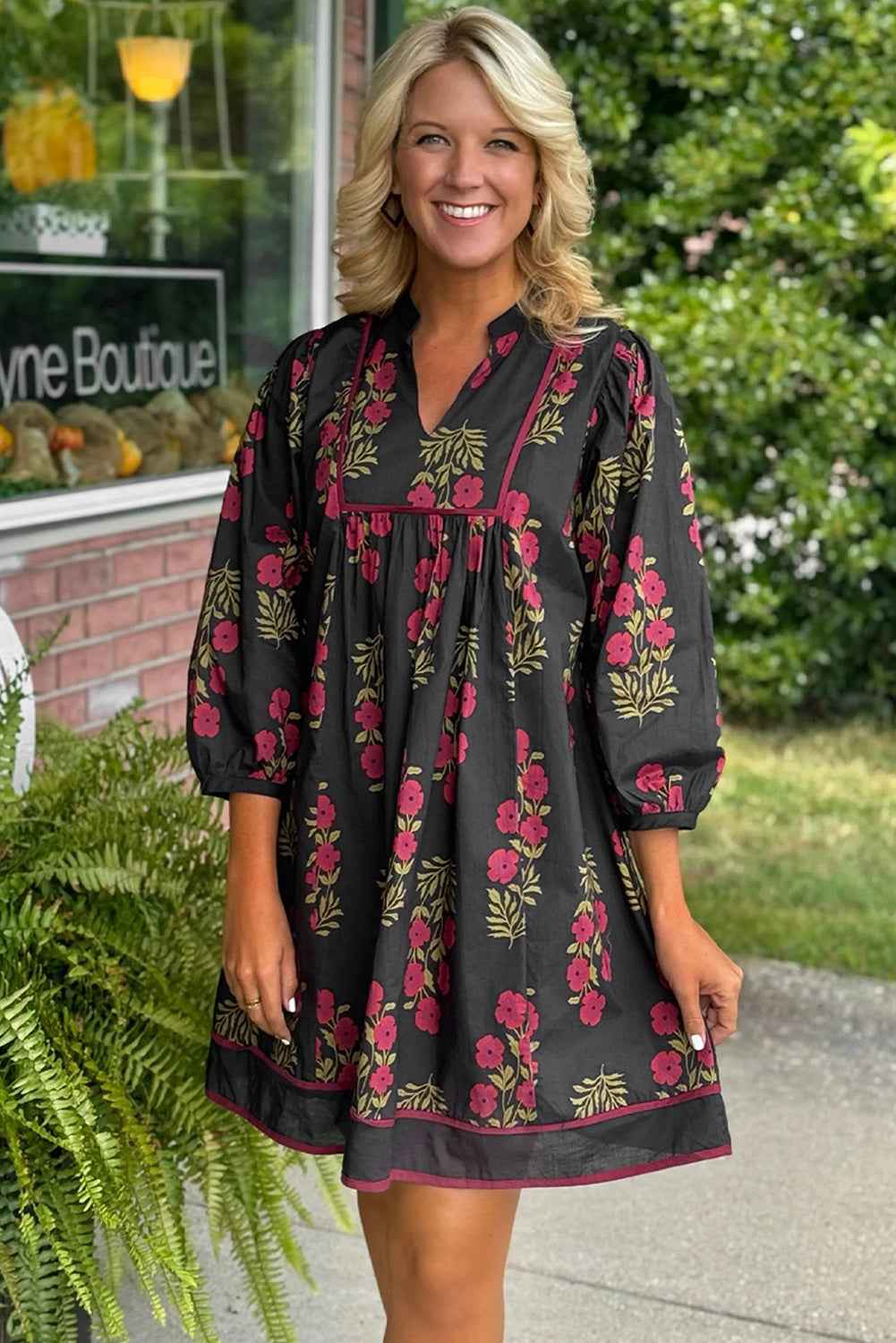 Black Floral Print Notched Neck Piping Trim Bracelet Sleeve Babydoll Dress