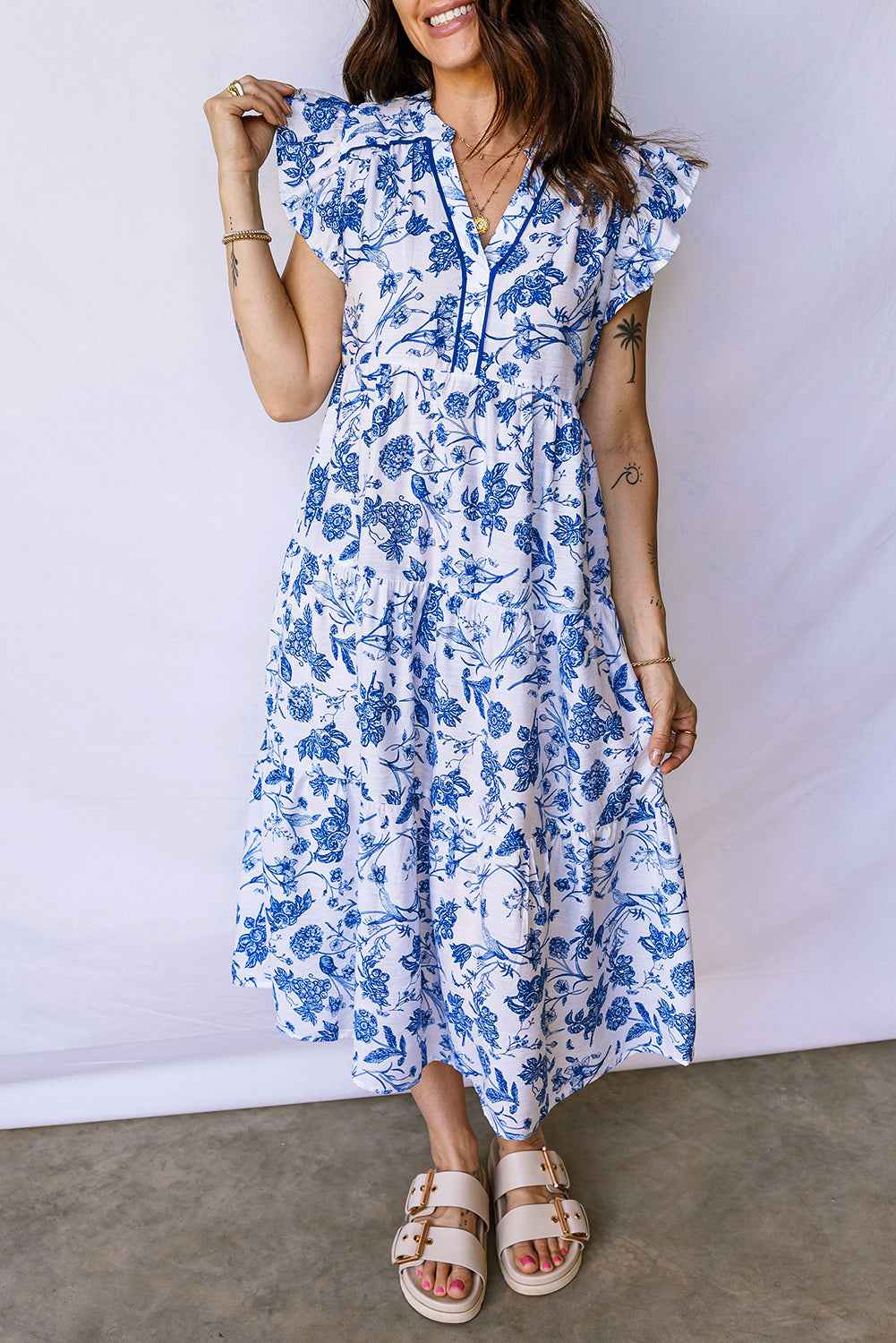 Blue Ruffled Short Sleeve Tiered Floral Midi Dress