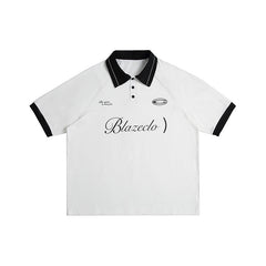 Letter print loose contrasting collar short sleeved polo shirt for men - MarkoFit