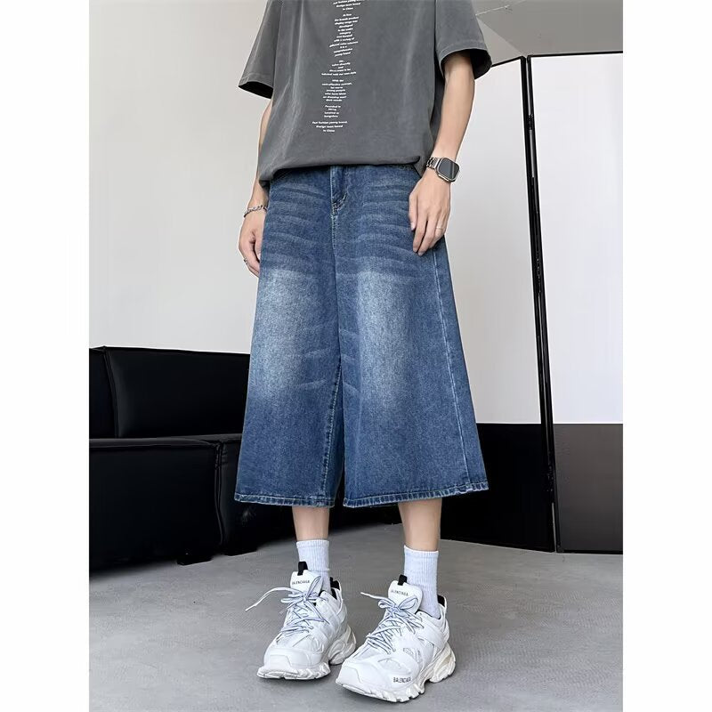 Retro washed wide leg seven quarter jeans for men - MarkoFit