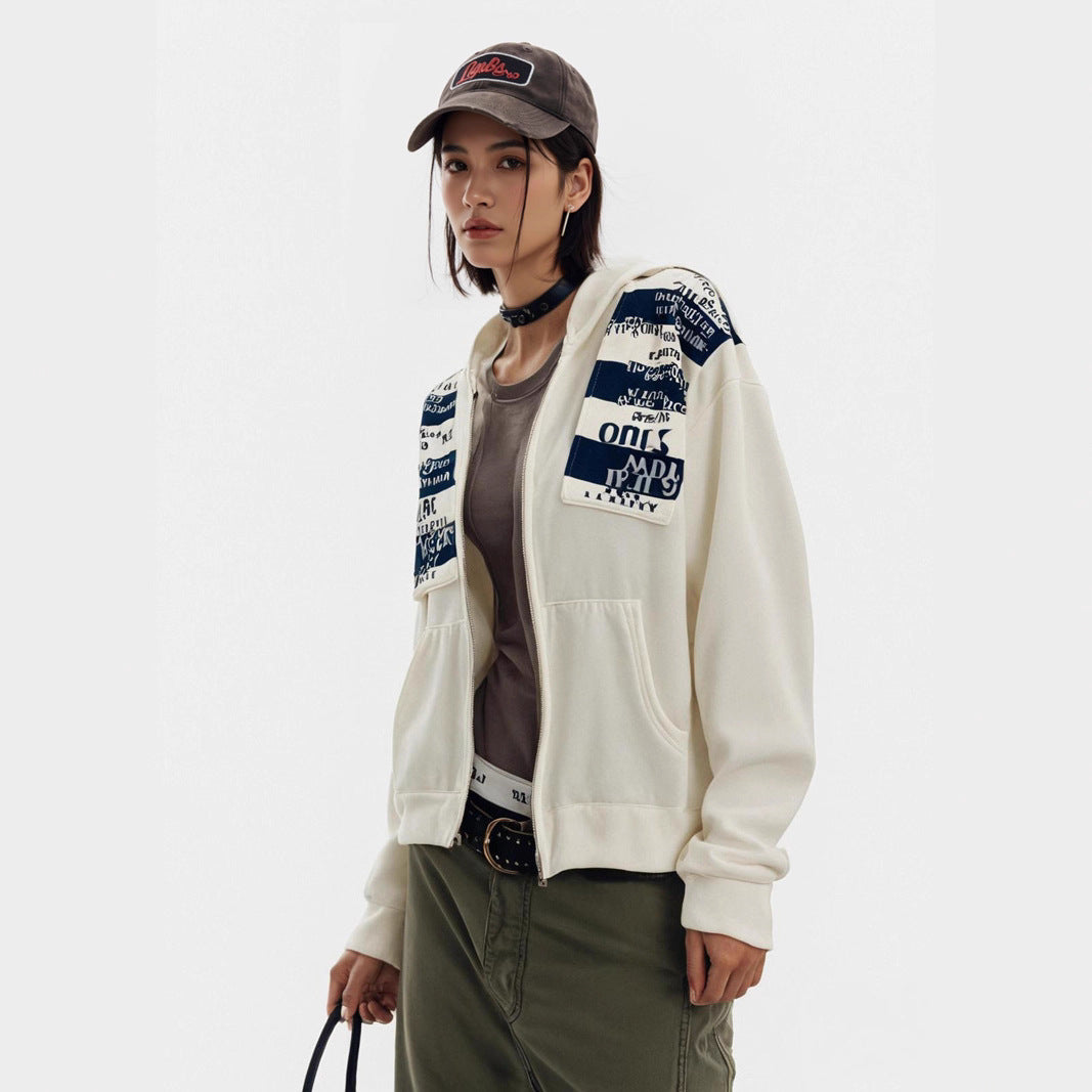 Street Style Letter Patch Suede Hooded Sweatshirt for Men and Women - MarkoFit