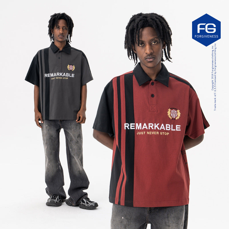 Streetwear Polo Collar Short Sleeve T-Shirt Loose Fit for Men - MarkoFit