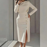 Elegant Style Round Neck Solid Color Dress Long Dress for Women