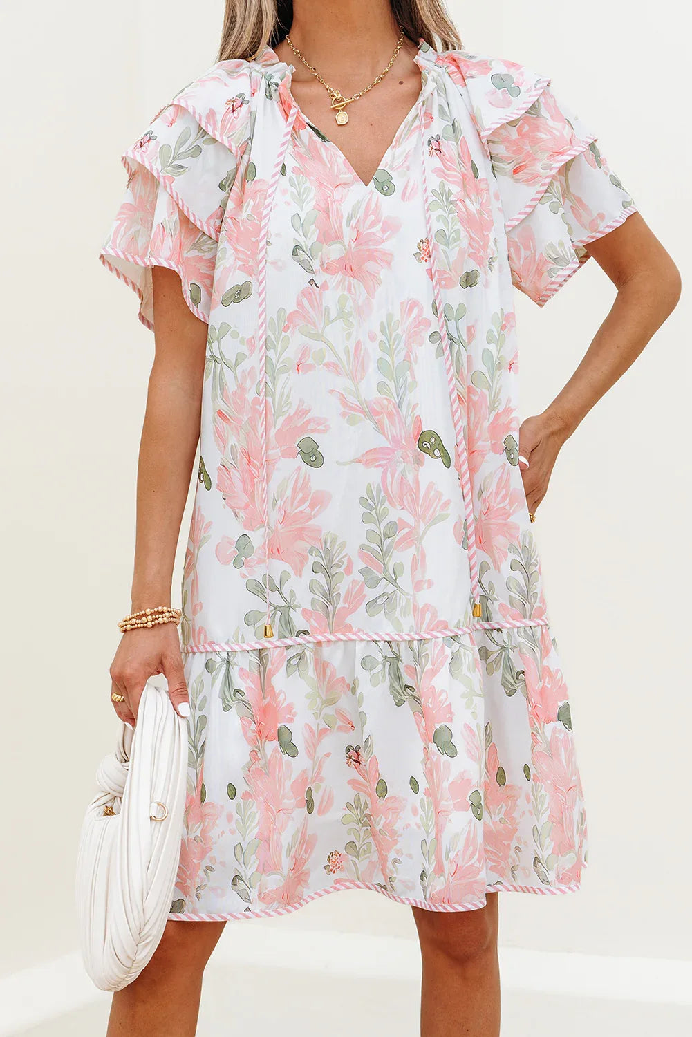 Pink Floral Contrast Edge Layered Short Sleeve Mini Dress - MarkoFit