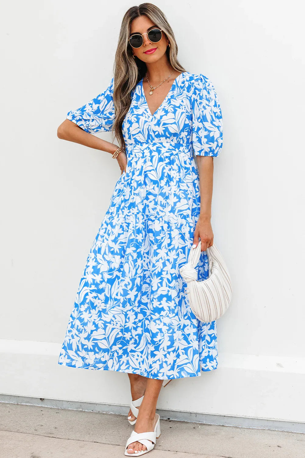Sky Blue Floral V Neck Puff Short Sleeve Flowy Long Dress - MarkoFit
