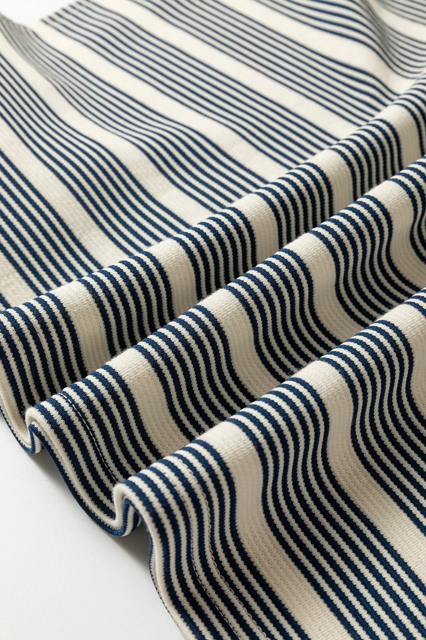 Blue Stripe Ruffled Short Sleeve Contrast Trim Button Notched Neck Midi Dress - MarkoFit