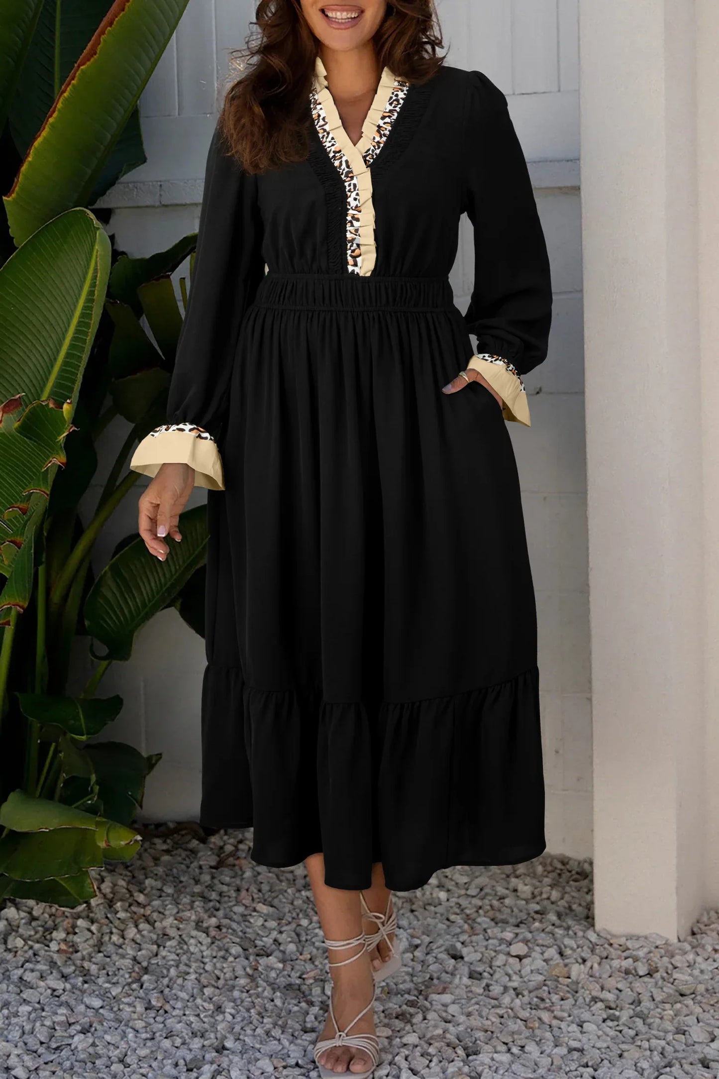 Black Contrast Leopard Frilled Trim V Neck Bracelet Sleeve Midi Dress - MarkoFit