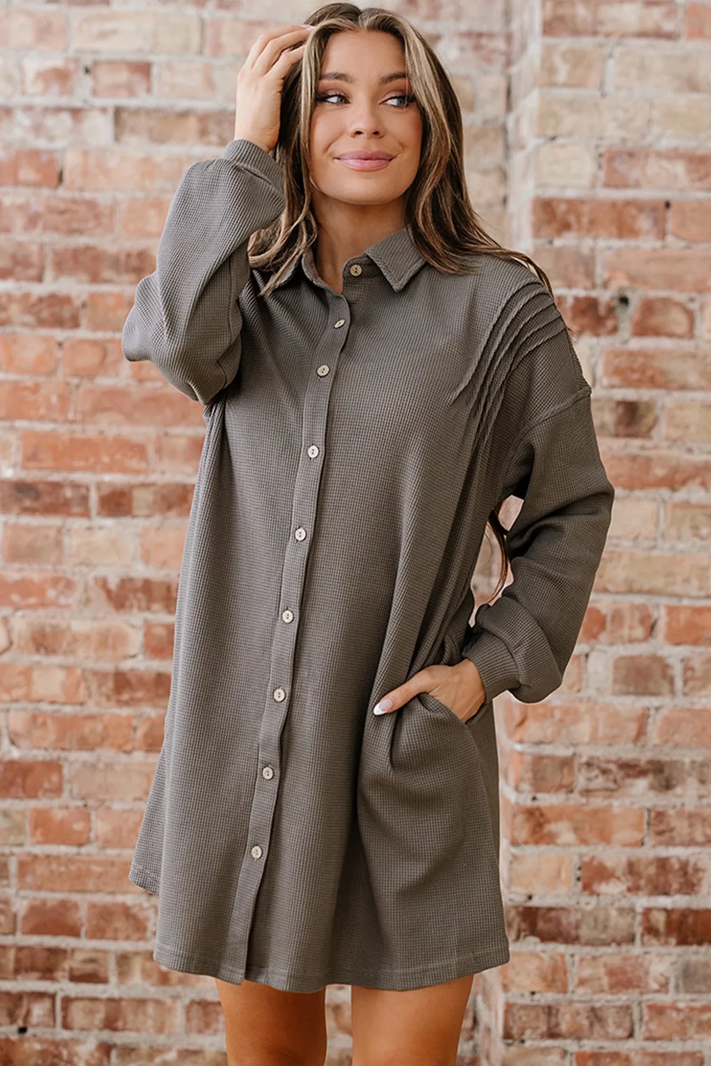 Simply Taupe Waffle Knit Shirt Tunic Dress - MarkoFit