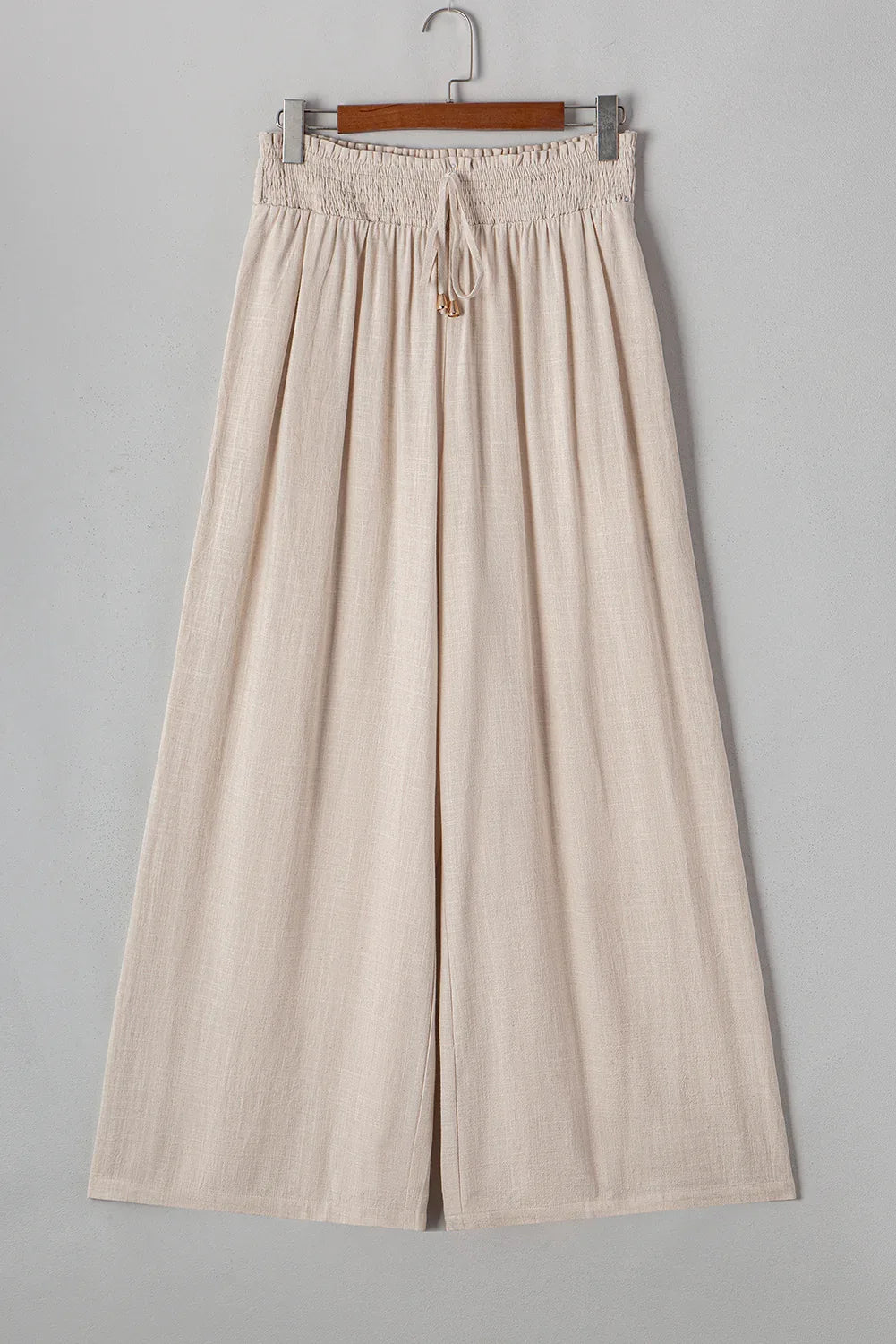 Beige Smocked High Waist Wide Leg Plus Size Pants - MarkoFit