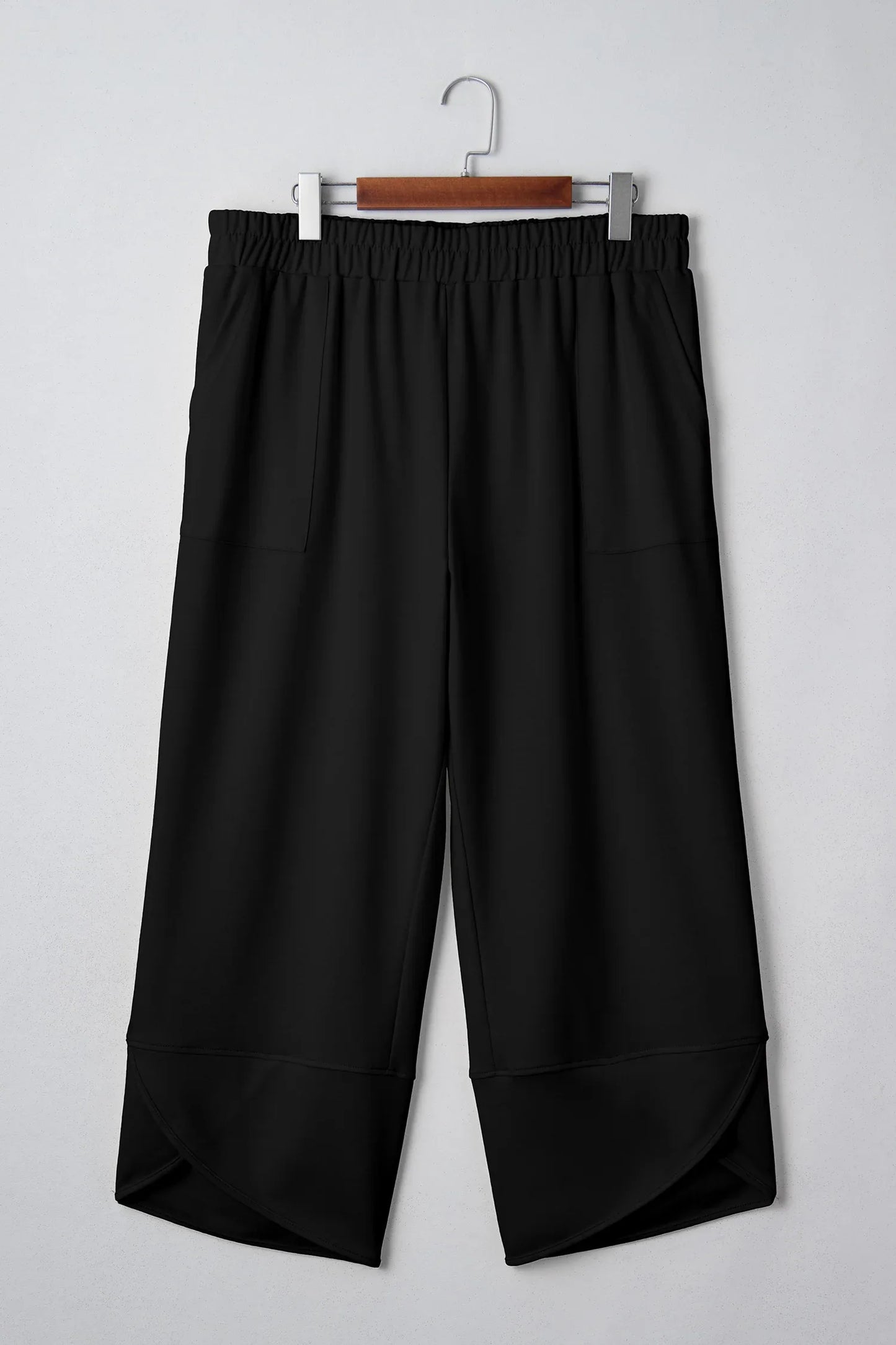 Black Plus Size Elastic Waist Asymmetrical Hem Loose Capris Pants - MarkoFit