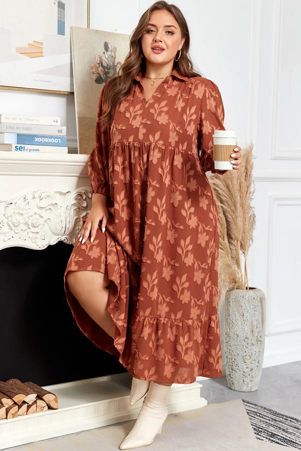 Cinnamon Plus Size Textured 3D Flower Pattern Ruffle Hem 3/4 Sleeve Long Dress - MarkoFit