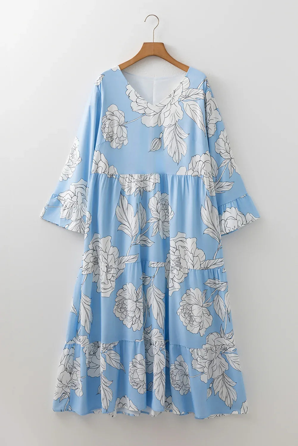 Sky Blue Floral Bracelet Sleeve V Neck Plus Size Tiered Maxi Dress - MarkoFit