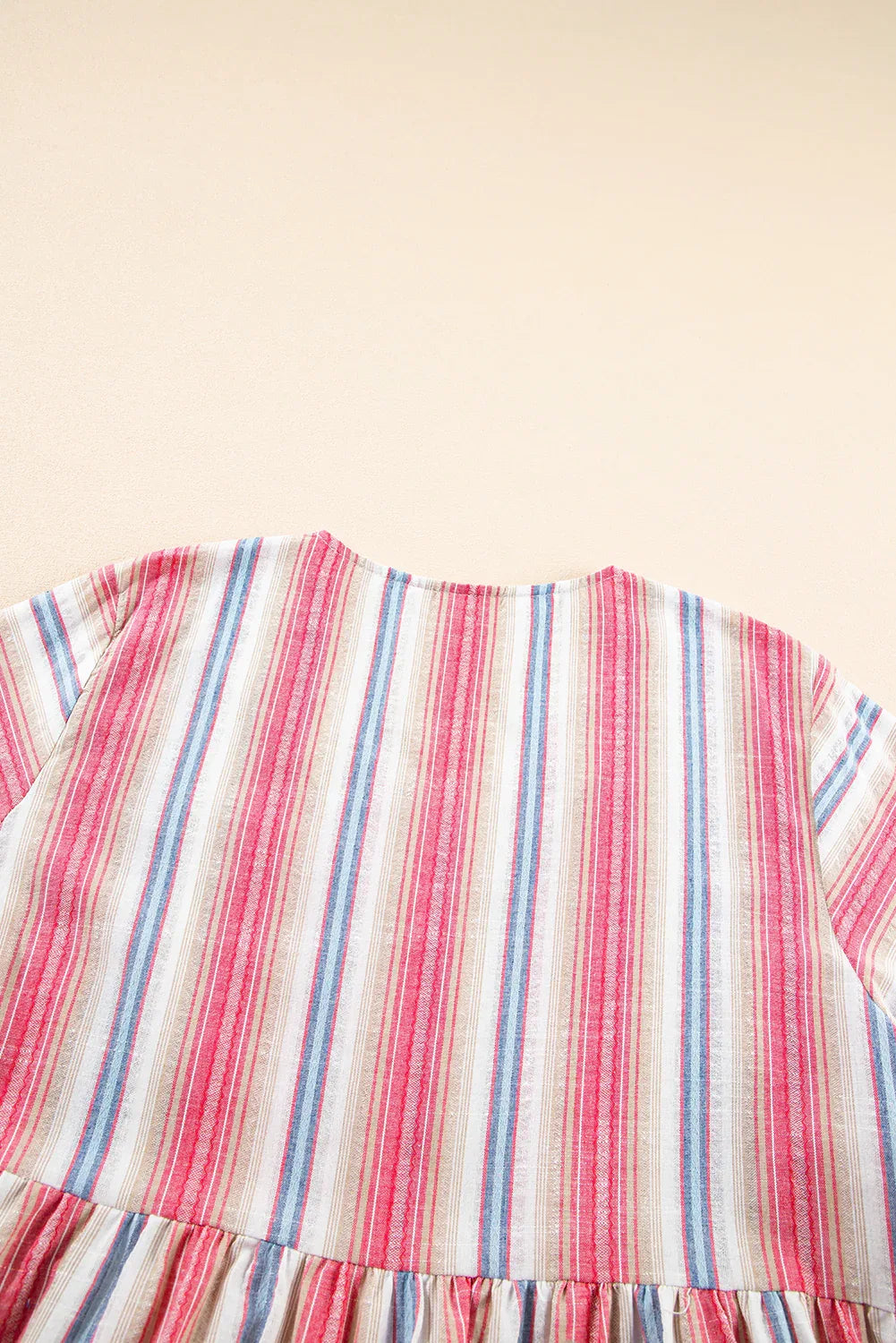 White Stripe Plus Size Embroidered Detail Flared 3/4 Sleeve V Neck Dress - MarkoFit