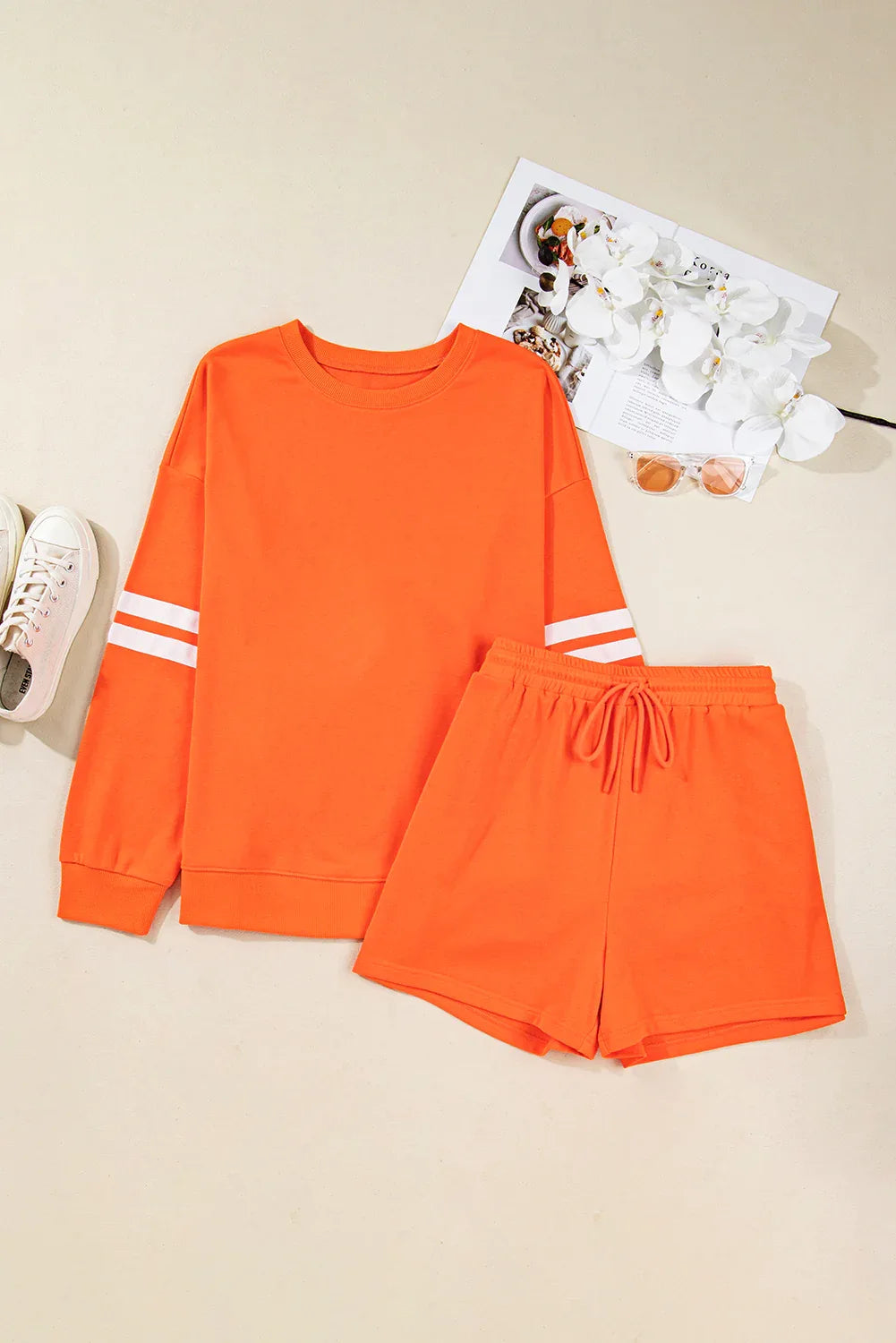 Orange Plus Size Varsity Striped Drop Shoulder Pullover Drawstring Elastic Waistband Short Set - MarkoFit