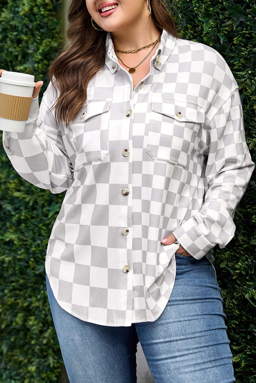Khaki Plus Size Checkered Buttoned Down Casual Western Jacket - MarkoFit