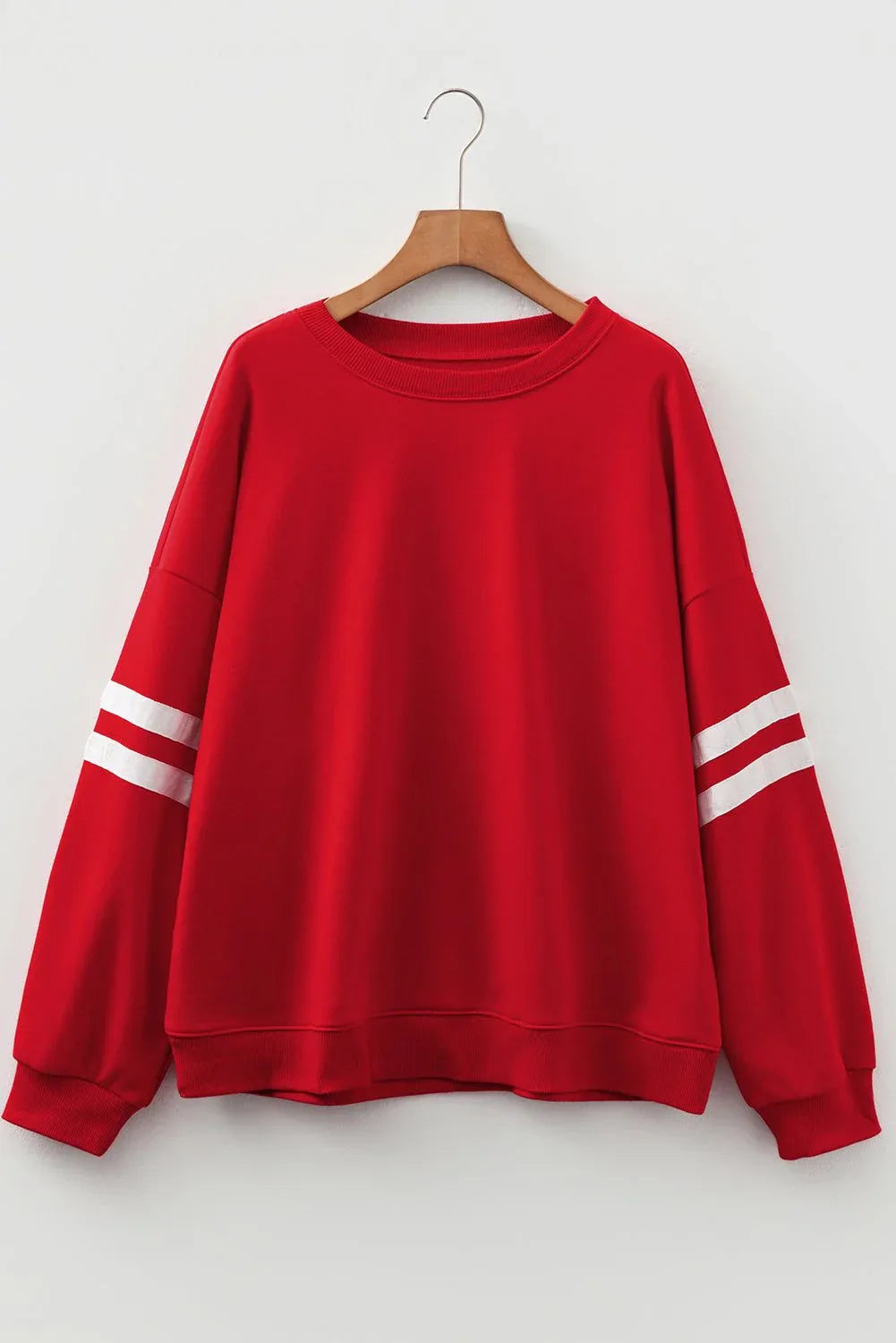 Fiery Red Varsity Striped Detail Crew Neck Plus Sweatshirt - MarkoFit