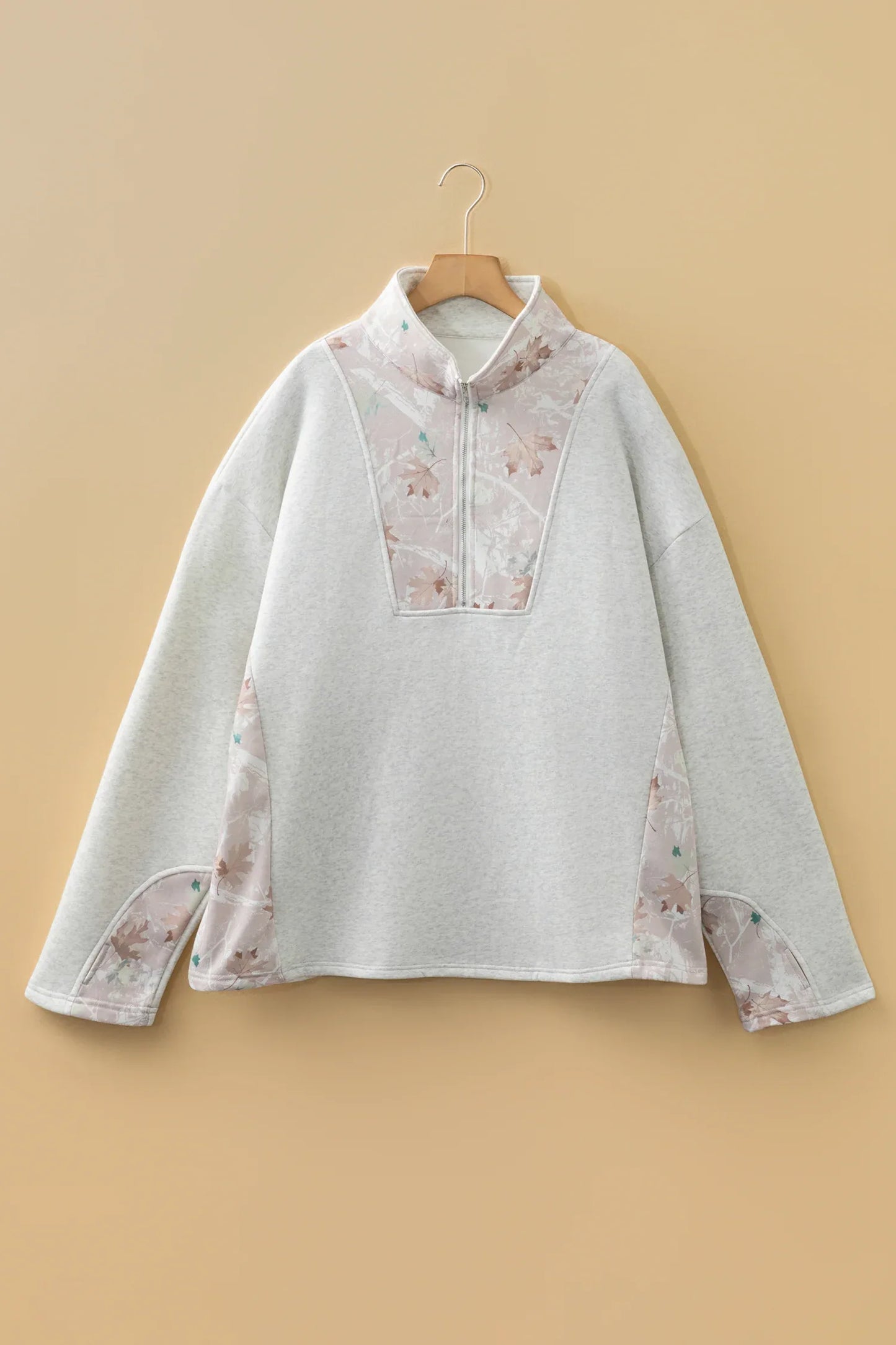 Gray Camo Leaves Patchwork Zipped Collar Pullover Plus Size Sweatshirt - MarkoFit