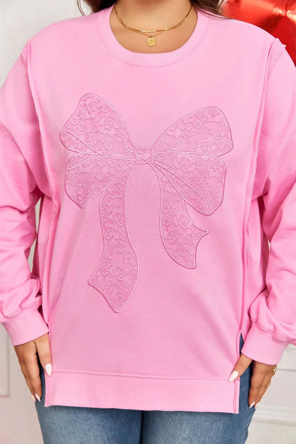 Pink Big Bow Lace Embroidered Dolman Sleeve Slit Plus Size Sweatshirt - MarkoFit