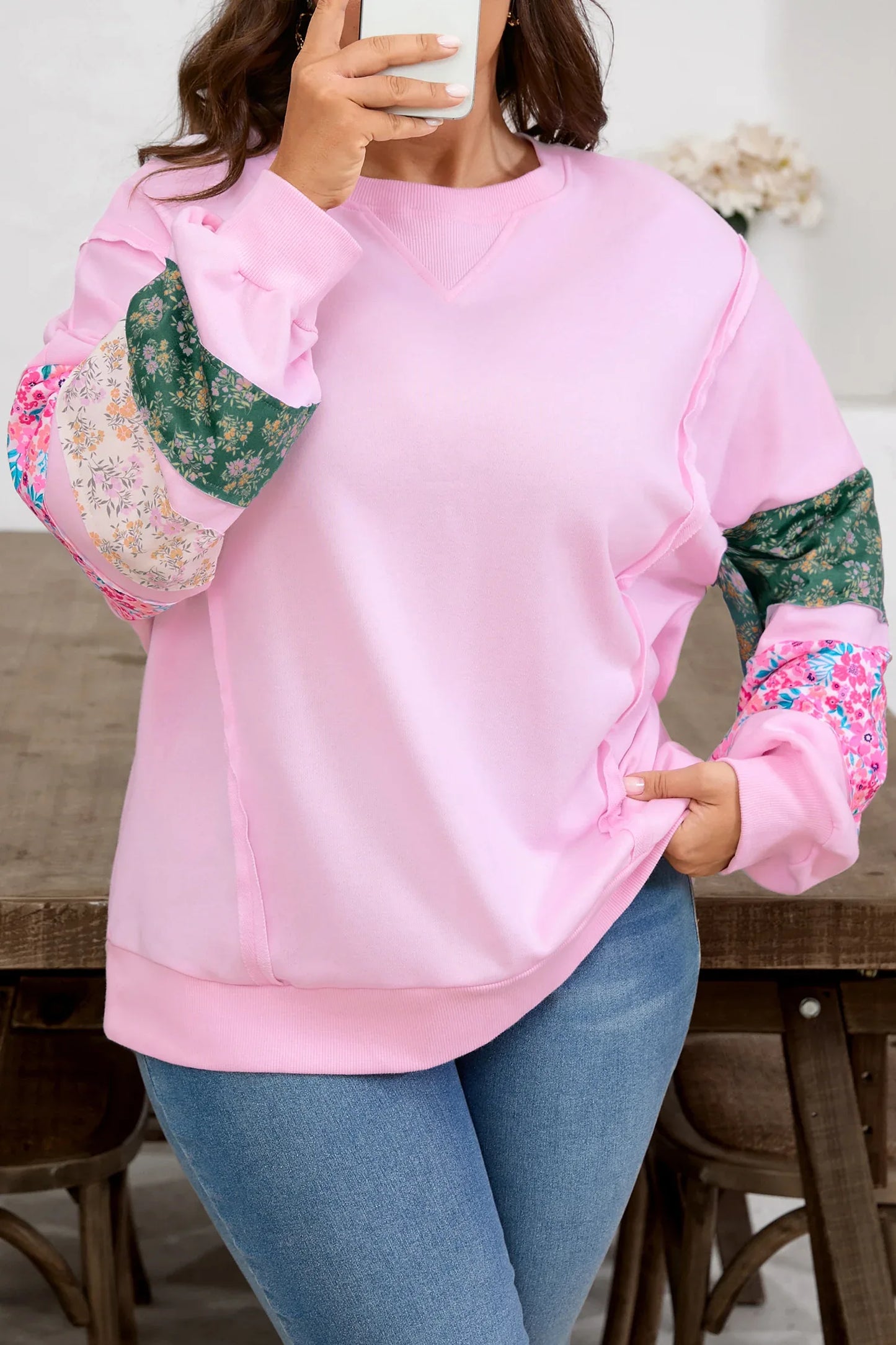 Pink Plus Size Mix Floral Patched Sleeve Ribbed Trim Baggy Sweatshirt - MarkoFit