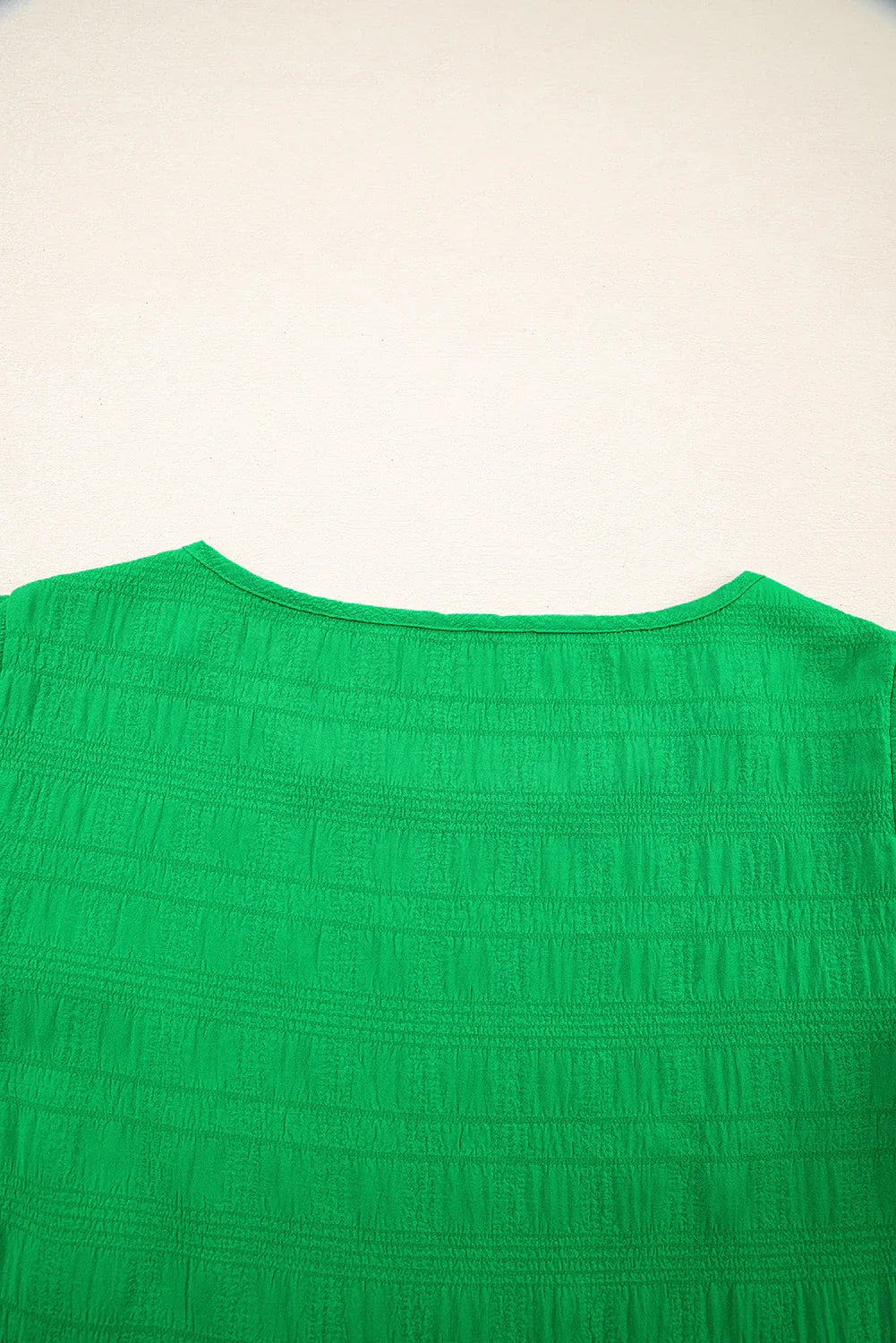 Dark Green Textured Ruffled Sleeve Round Neck Top - MarkoFit