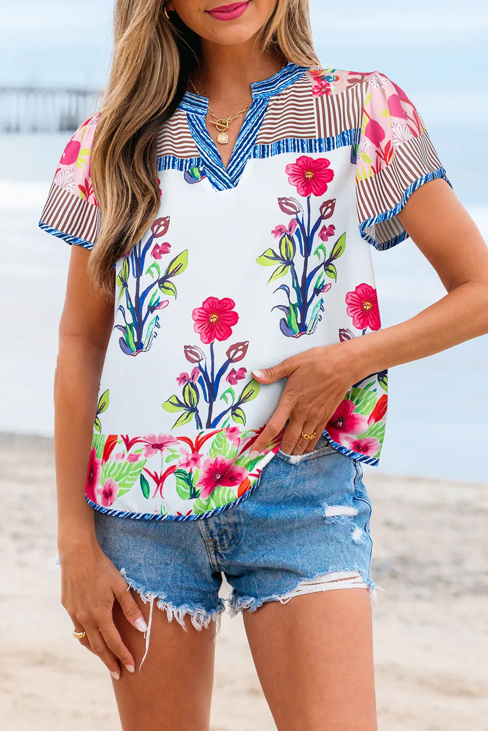 Pink Floral Striped Patchwork Short Sleeve Split Neck Blouse - MarkoFit