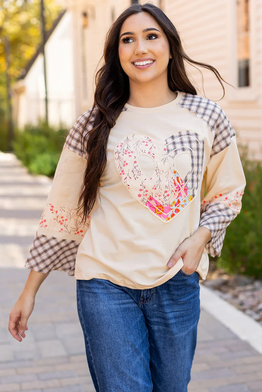 Beige Plaid Floral Peace Heart Graphic Wide Long Sleeve Top - MarkoFit