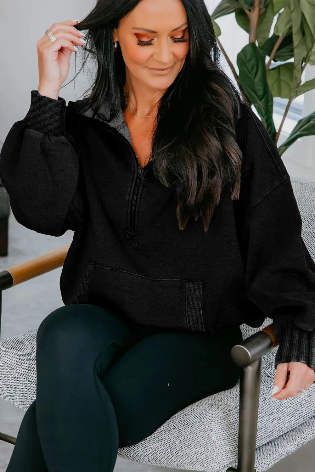 Black Half Zip Kangaroo Pocket Mineral Wash Baggy Hoodie - MarkoFit