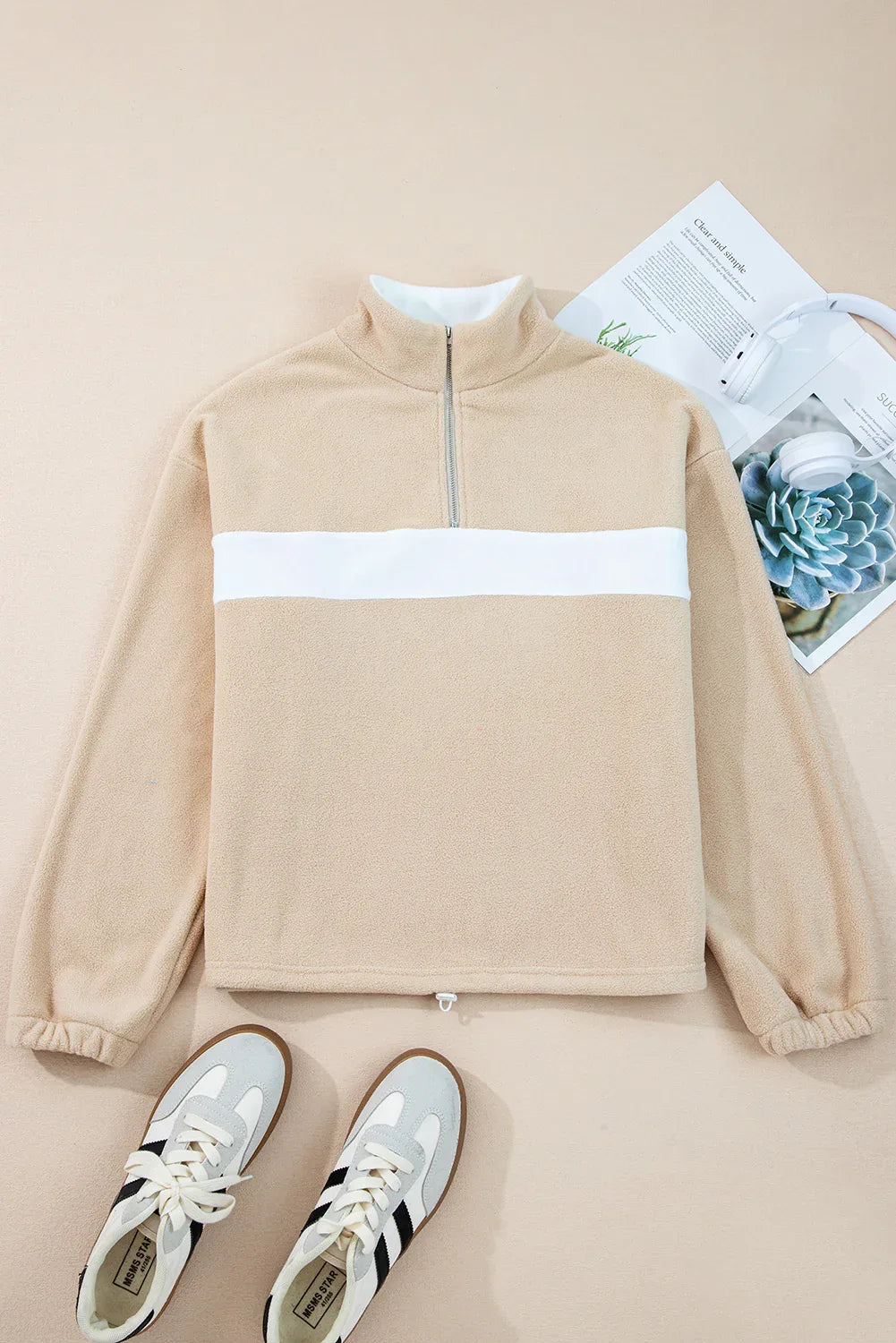 Parchment Fleece Colorblock Patchwork Zipped Neck Pullover Sweatshirt - MarkoFit