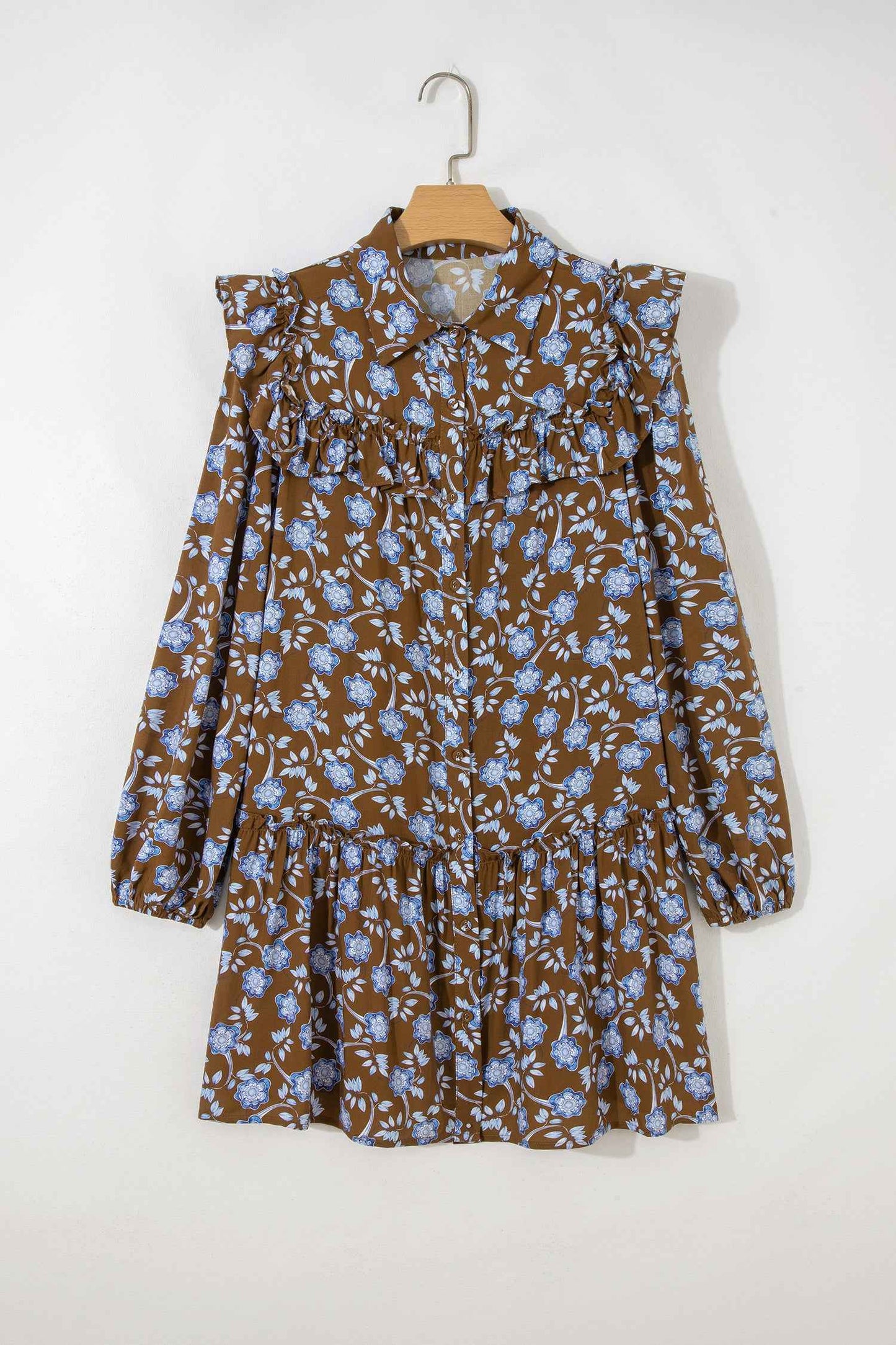 Brown Floral Print Ruffled Detail Shirt Collar Button Down Long Sleeve Dress