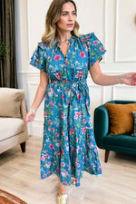 Blue Floral Flutter Sleeve Button Tie Split Neck Belted Long Dress