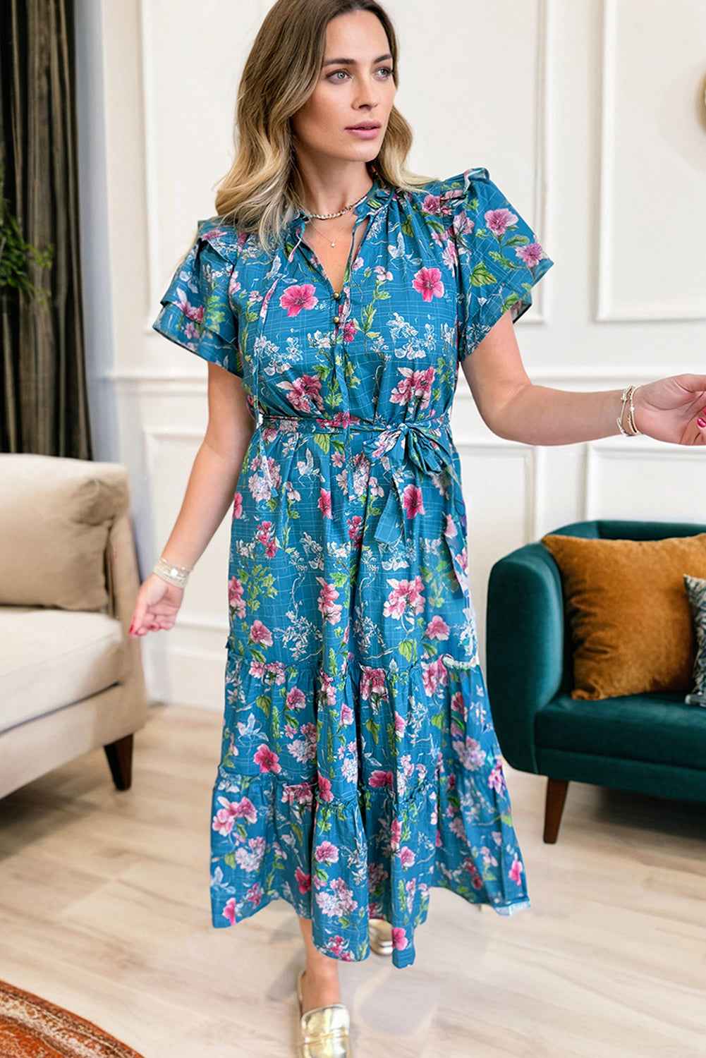 Blue Floral Flutter Sleeve Button Tie Split Neck Belted Long Dress