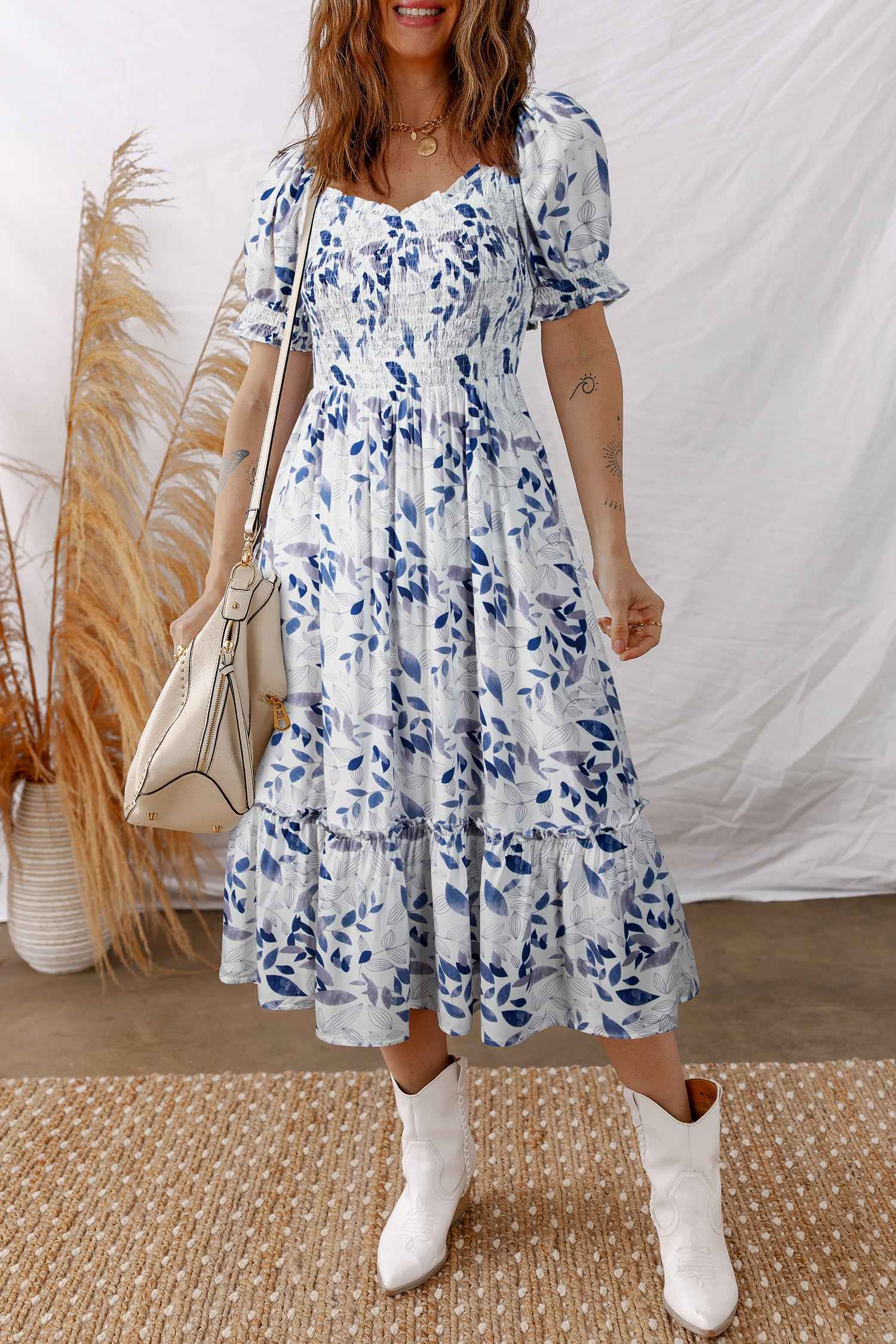 Sky Blue Smocked Bodice Short Puff Sleeve Tiered Floral Midi Dress