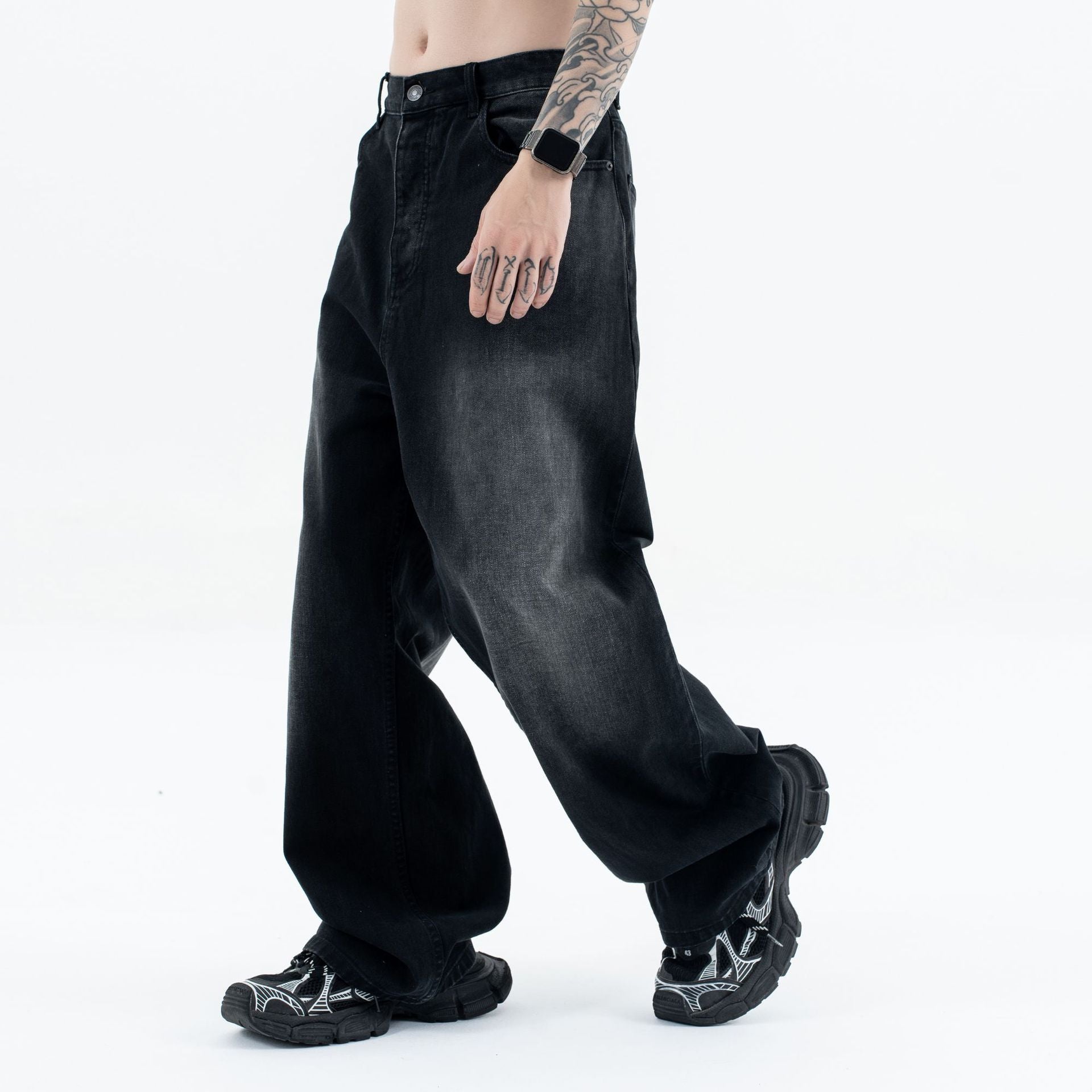 Pantalon en denim droit ample décontracté noir et gris pour hommes et femmes - MarkoFit