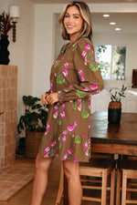 Brown Contrast Floral Print Babydoll Tunic Ruffled Hem Puff Sleeve Dress