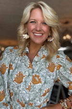 Brown Floral Printed Frilled V Neck Bracelet Sleeve Long Dress