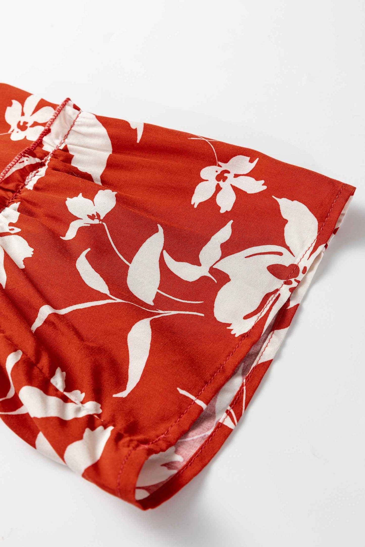 Red Boho Floral Print Lettuce Trim 3/4 Sleeve Mini Dress