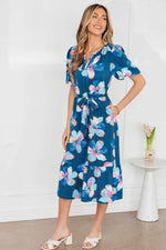 Blue Floral Print Short Puff Sleeve Ruffle Hem Belted Long Dress