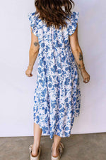Blue Ruffled Short Sleeve Tiered Floral Midi Dress