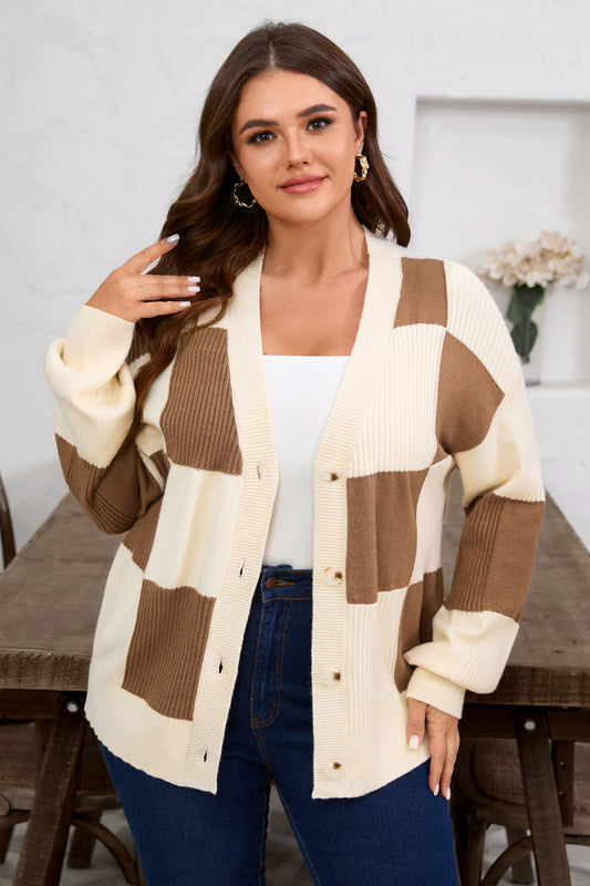 Khaki Checkered Ribbed Texture Knit Plus Size Cardigan Sweater - MarkoFit