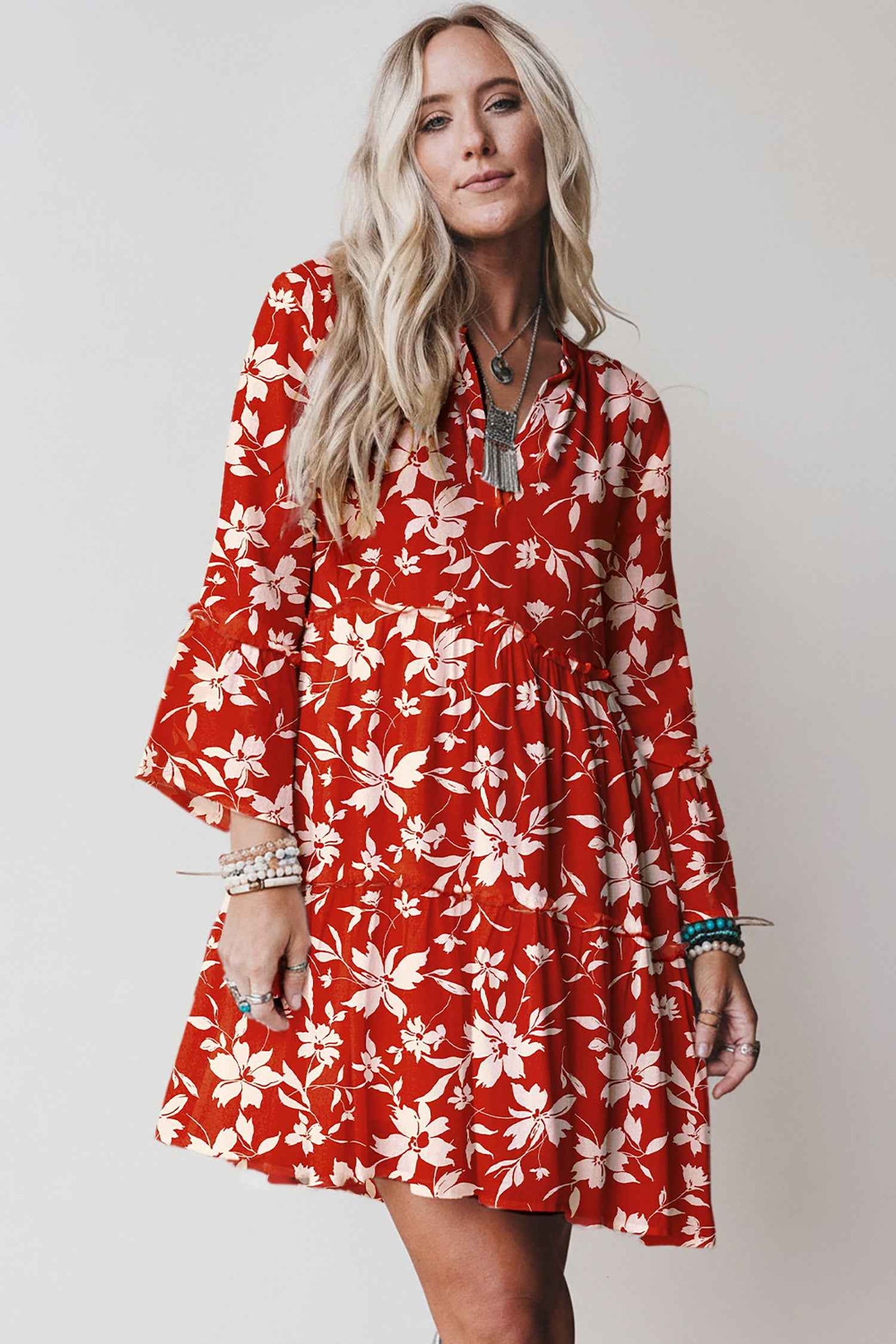 Red Boho Floral Print Lettuce Trim 3/4 Sleeve Mini Dress