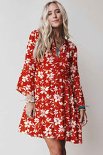 Red Boho Floral Print Lettuce Trim 3/4 Sleeve Mini Dress