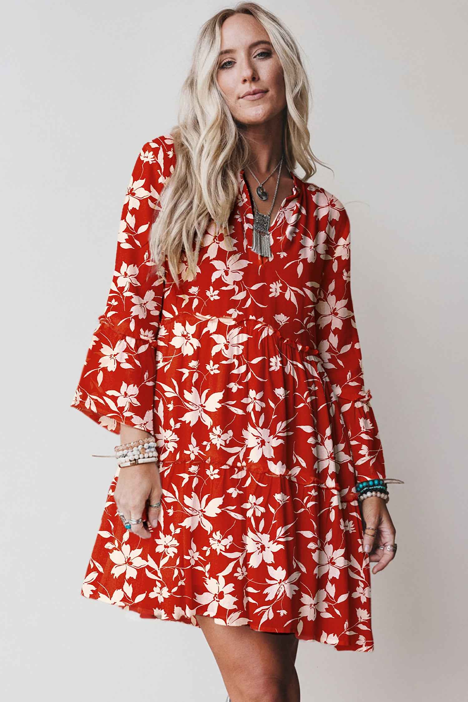 Red Boho Floral Print Lettuce Trim 3/4 Sleeve Mini Dress