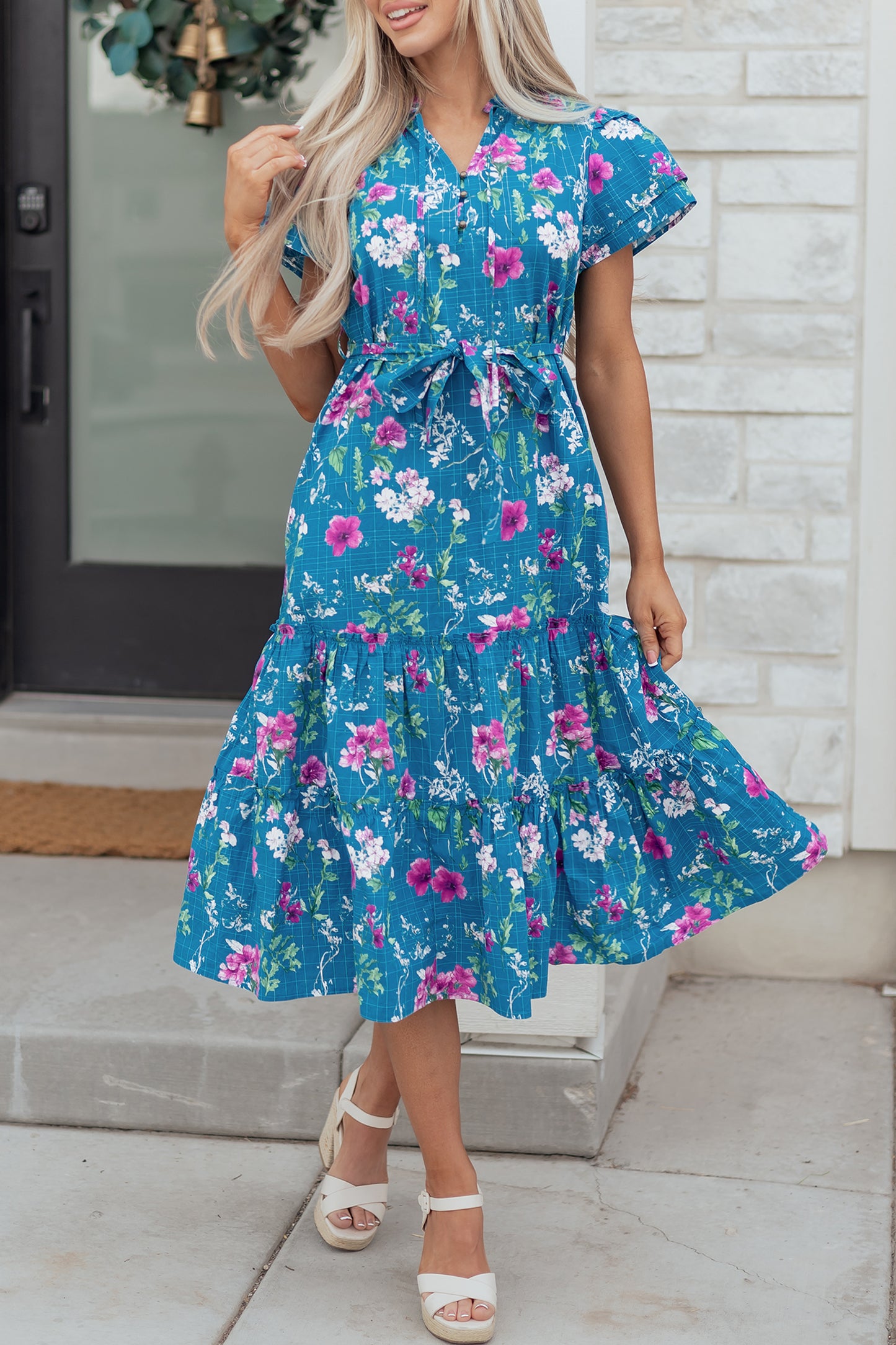 Blue Floral Flutter Sleeve Button Tie Split Neck Belted Long Dress - MarkoFit