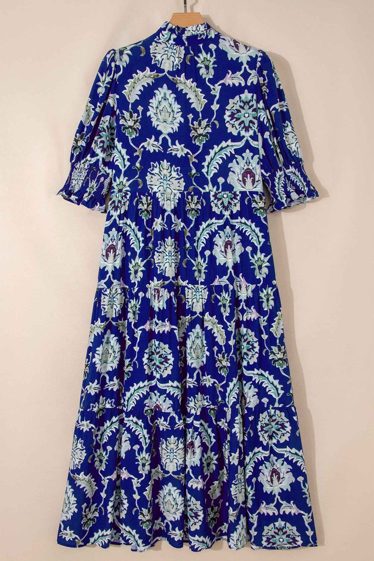 Blue Wild Floral Print Frilled Collar Half Sleeve Long Dress