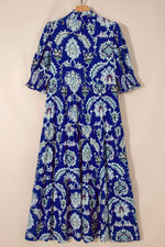 Blue Wild Floral Print Frilled Collar Half Sleeve Long Dress