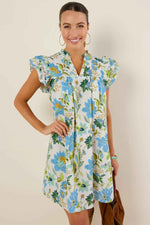 Beige Floral Print V Neck Triple Ruffle Short Sleeve Shift Mini Dress