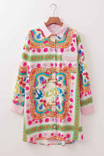 Multicolour Boho Floral Print Buttoned Long Sleeve Shirt Dress